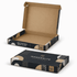 A die-cut packaging box featuring a modern design in black with geometric patterns, open to reveal a kraft interior.