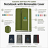 An olive green notebook with a removable cover, featuring an elastic band and various customisation options, including logos.