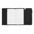 A black executive soft-touch PU leather notebook featuring a blank interior and a pocket for storing items.