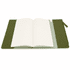 An olive green soft-touch PU leather notebook with a zipper pocket and open lined pages.