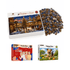 A collection of jigsaw puzzles in festive and playful themes, featuring colourful puzzle pieces and decorative boxes.