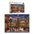 A colourful jigsaw puzzle featuring a festive winter scene with a decorated Christmas tree and snow-covered streets.