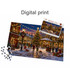 A jigsaw puzzle displaying a festive Christmas scene with a decorated tree and holiday lights, featuring an accompanying box.