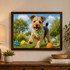 A jigsaw puzzle featuring a happy dog with a colourful bandana in a garden, surrounded by vibrant balls. Framed on a wall.