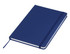 A navy blue A5 notebook with a soft cover, elastic band closure, and a ribbon marker. It has one logo on the front.