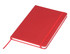 A red A5 notebook with a ribbon bookmark and an elastic closure, featuring a plain cover and a logo.