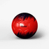 A red and black soccer ball with a textured surface and a logo on it.