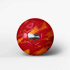 A soccer ball with a red and orange patterned design featuring a logo on it.