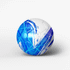 A soccer ball with a white base and blue abstract designs, featuring a logo on the surface.