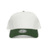 A two-tone cap featuring a white crown and a dark green peak, with a brand logo on the front.