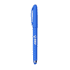 A blue fidget gel pen with a clip and a logo on its body, featuring a stylus tip at one end.