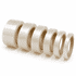 Transparent packaging tape rolls in various widths, displayed in a line, featuring a light beige colour and brown cardboard cores.