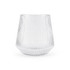 A clear, ribbed glass tumbler with a wide base and flared shape. It features a subtle logo on the surface.