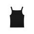 A black organic collegiate tank top with wide straps and a simple design. It has a logo on the fabric.