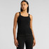 A black collegiate tank top with a fitted design, featuring a logo on the garment.
