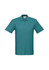 A teal men's polo shirt featuring a classic collar and short sleeves, with a logo on the chest.