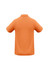 A back view of a short-sleeved, orange polo shirt with a collar and a logo.