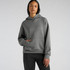A grey hooded sweatshirt with a front pocket, featuring a relaxed fit and a simple design.