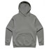 A grey hoodie with a hood and front pocket, featuring a simple design and a branding logo.