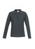 A long sleeve polo shirt in dark grey with a buttoned placket and a logo on the chest.