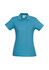 A blue ladies' polo shirt with a collared neckline and short sleeves, featuring a button placket and a logo.
