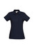 A navy blue ladies' polo shirt with a collar and button placket, featuring a logo.
