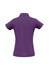A purple ladies' polo shirt featuring a collar and short sleeves, with a branding logo on the back.