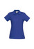 A blue ladies' polo shirt with a collared neckline and short sleeves, featuring a logo.