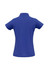 A blue ladies polo shirt featuring a classic collar and short sleeves, with a logo on the back.