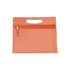 An orange PVC cosmetic bag with a zippered pocket and a handle on top. It also features branding.