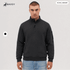 A 1/4 zip fleece in dark grey, featuring a logo on the sleeve. Model displays the product against a neutral background.