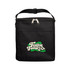 A black insulated cooler bag with a zippered top and a front pocket, featuring a logo.