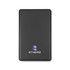A solid state power bank in black with a logo on the front, featuring a sleek, slim design.