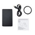 A black 10,000mAh solid-state power bank with a USB-C cable, magnetic ring, and instruction manual.