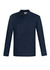 A long sleeve polo shirt in navy blue with a collar and a logo.