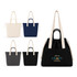 A collection of Darby Tote Bags in cream, navy, grey, and black, featuring long handles and a drawstring closure.