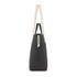 A grey tote bag with cream straps and a drawstring closure, featuring a side pocket.