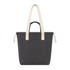 A dark grey tote bag with cream handles and a front pocket, featuring a drawstring closure.