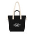 A black tote bag with cream handles and a front pocket, featuring a logo on the front.