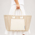 A striped tote bag in beige and cream, featuring a large front pocket and sturdy handles.