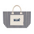 A striped navy and cream tote bag featuring a front pocket and handles, with a logo on the pocket.
