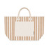 A large tote bag featuring horizontal stripes in beige and cream, with a solid pocket and handles.