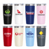 A collection of eight vacuum cups in various colours, featuring different logos and branding on each.