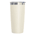 A drink bottle in a soft cream colour with a silver lid and a logo.