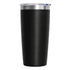 A drink bottle with a sleek black matte finish and a stainless steel lid, featuring a logo.