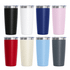 A drink bottle set featuring eight vacuum cups in black, white, navy, pink, red, cream, light blue, and grey, each with a metal lid.