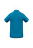 A turquoise men's polo shirt with short sleeves and a collar, featuring a logo on the back.