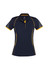 A dark navy women's polo shirt with yellow accents and a logo, featuring short sleeves and a classic collar.