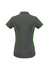 A women's short sleeve polo shirt in grey with green accents and a logo on the back.