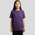 A purple youth t-shirt displayed on a smiling child against a grey background. The shirt has a simple design and a logo.